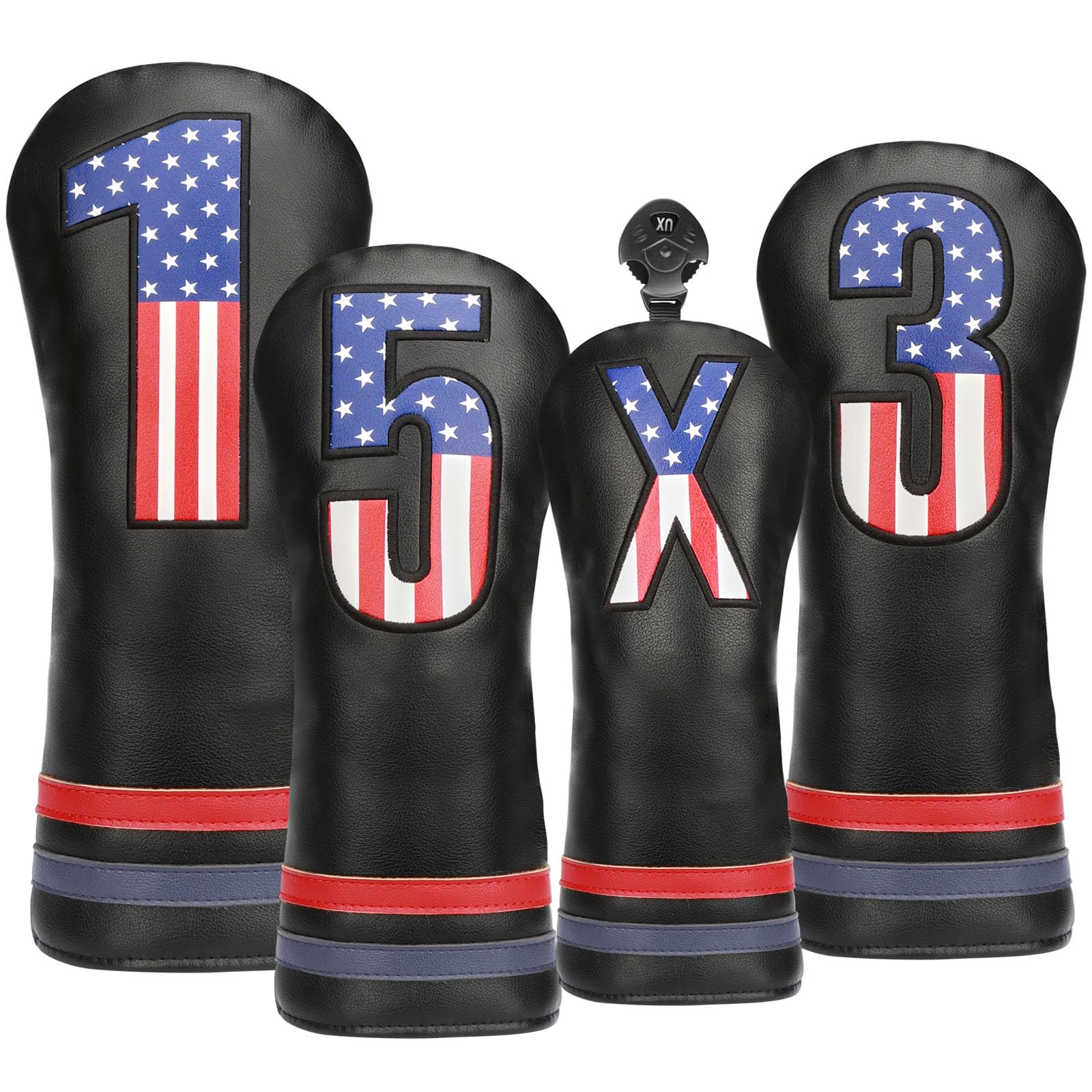 Photo 1 of Golf Club Head Covers, 4pcs USA Flag Golf Club Covers for Woods and Driver Fairway Hybrid, Premium PU Leather Patriotic Golf Head Covers for Men Women - Fits Most Golf Clubs(Black)