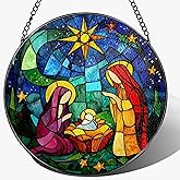 LAOWEIKI 8'' Stained Glass Window Hanging, Nativity Scene Ornament, Religious Ornament, Sun Catcher Window Decor, Christian Holiday Decor, Gifts for Christmas, Christian Gift, Religious Gift