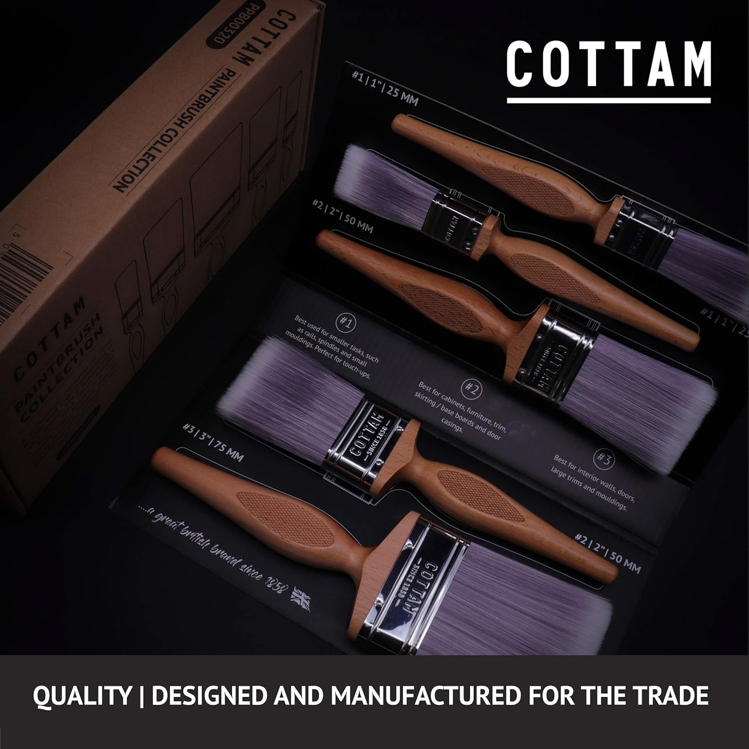 COTTAM Premium Paint Brush Decorating Set (1×3″, 2×2″ and 2×1″ Paint