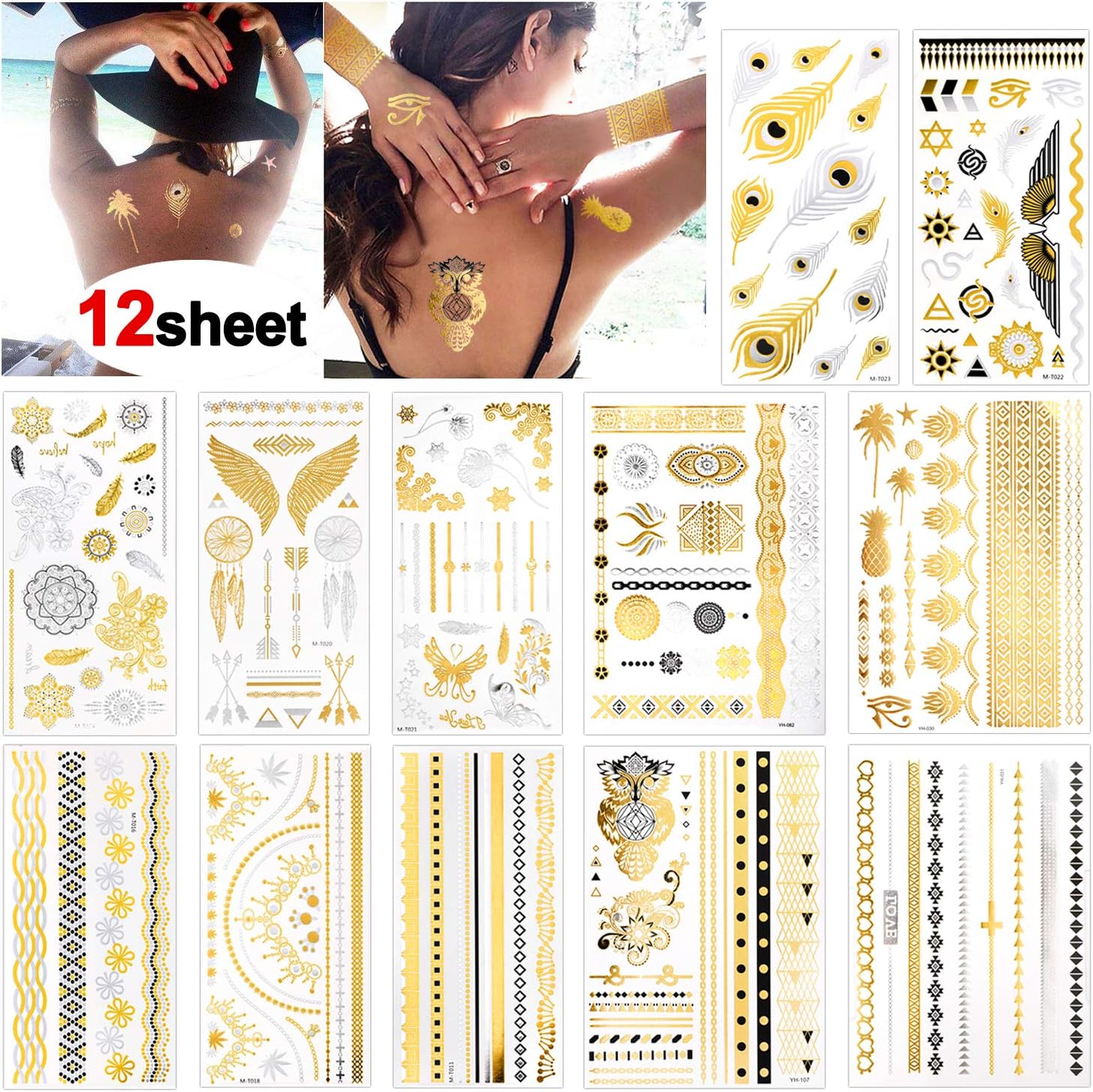Konsait 12 Sheets Metallic Temporary Tattoos