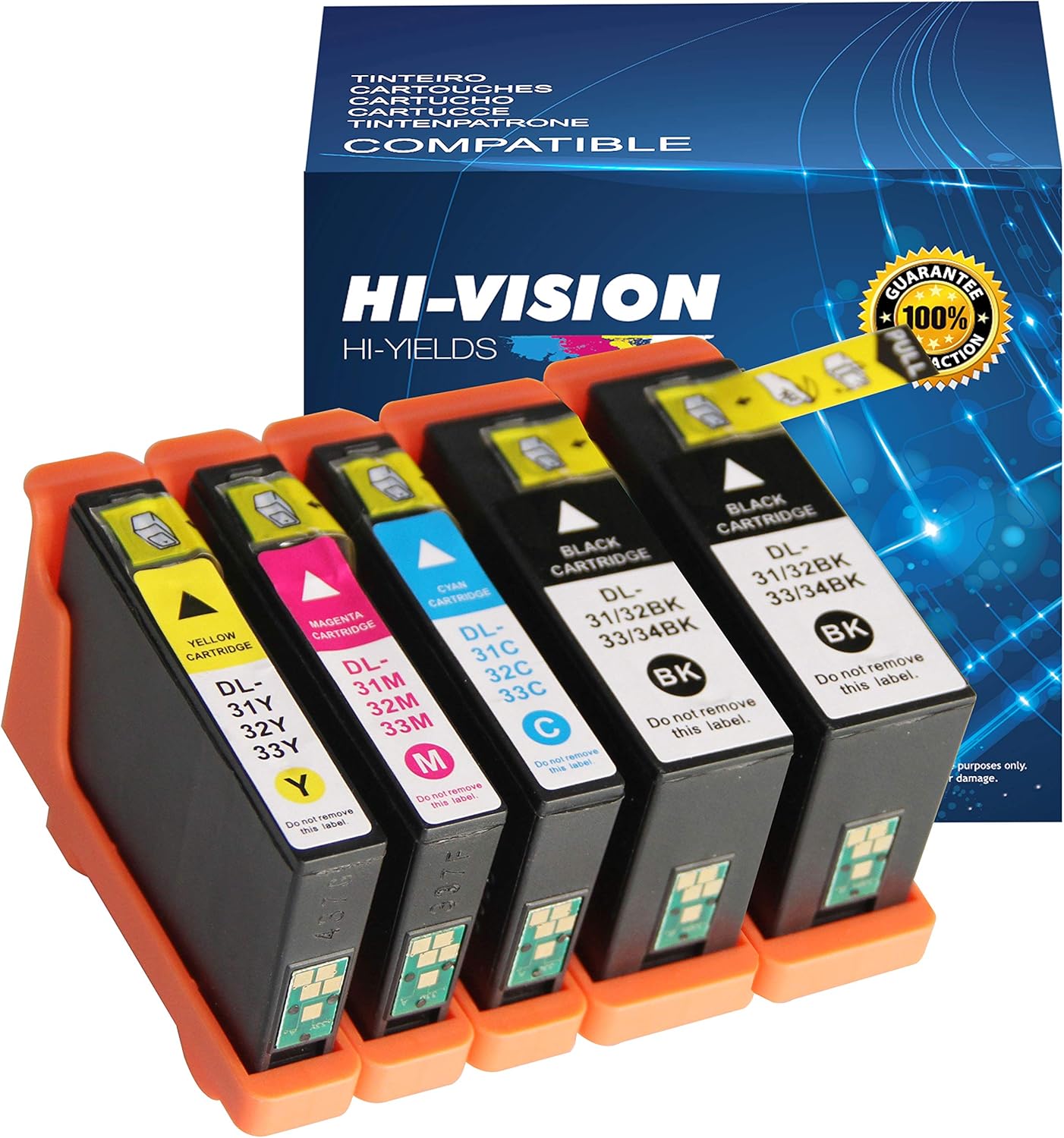 HI-Vision Compatible Ink Cartridge Replacement for Dell Series 31 32 33 34 to use with Dell V525W, V725W Printers All-in-One Wireless Inkjet Printer(2 Black, 1 Cyan, 1 Magenta, 1 Yellow)5 Pack