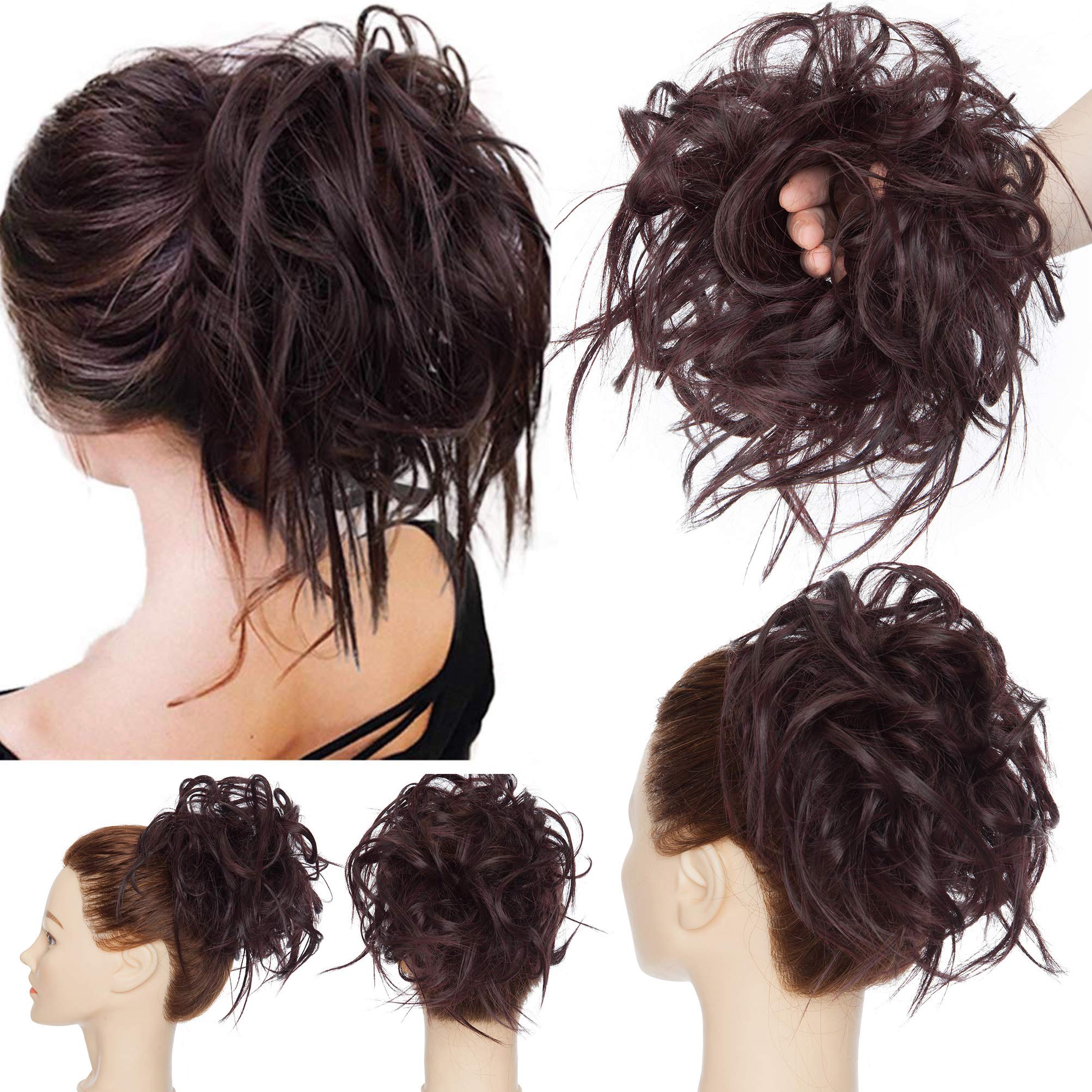 Tousled Updo Messy Bun Hair Extension Instant Ponytail With Elastic Rubber Band Updo Chignon Donut Scrunchies Extensions Hairpiece Synthetic Wavy Hair for Women Black mix Wine Red