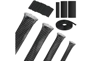 Tatuo 65.6 ft Expandable Braided Cable Sleeve Multi Size Braided Wire Sleeve with 120 Pcs Heat Shrink Tubing for Television Audio Computer Cables Video Pets,1/4 in,2/5 in,1/2 in,3/4 in(Black)