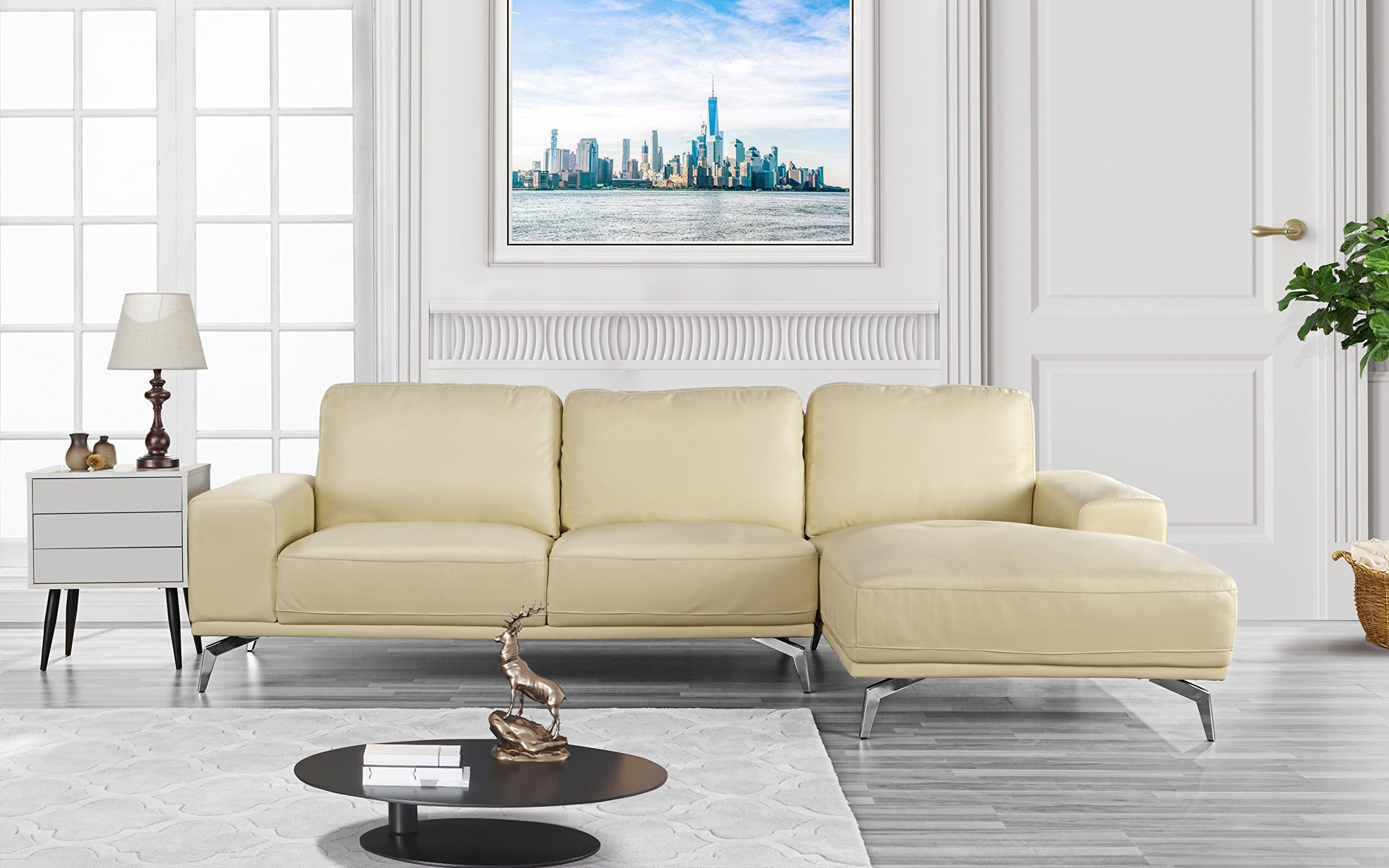 Modern Real Leather Sectional Sofa, L-Shape Couch w/Chaise on Right (Beige)