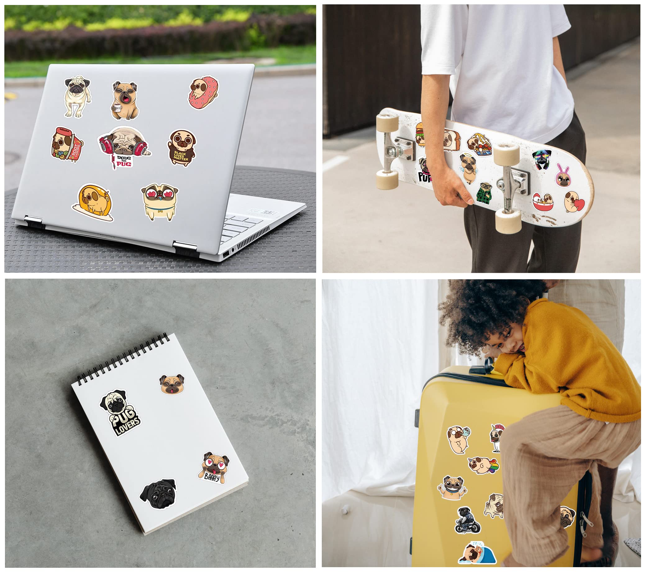 50 Pcs Cute Funny Pug Waterproof Vinyl Stickers Decals for Water Bottles Laptop Phone Cases, Dog Puppy Stickers Pack for Kids Teens, Teacher Reward Stickers, DIY Pug Theme Party Favor & Supplies