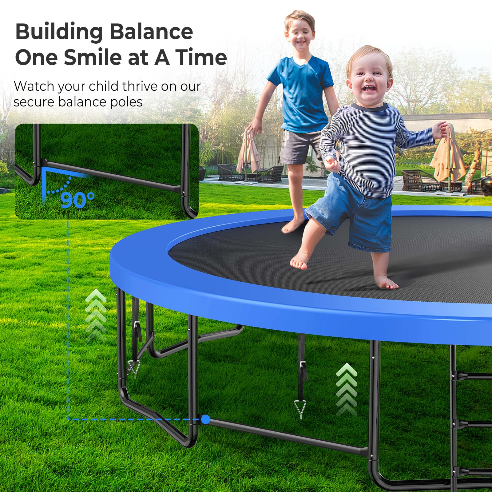 Lyromix Large Outdoor Trampoline with Basketball Hoop, 10-16FT with Lights for Kids and Adults, Recreational Trampoline with Sprinkler and Stakes