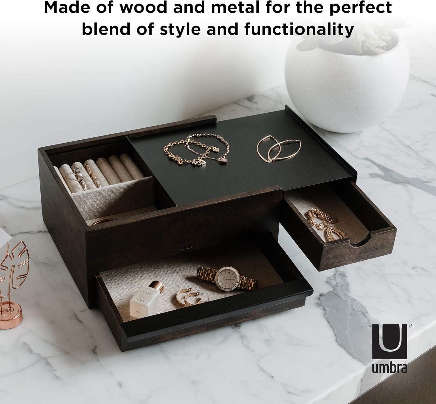 Umbra Jewelry Box - Modern Keepsake Storage Organizer with Hidden Compartment Drawers for Ring, Bracelet, Watch, Necklace, Earrings, and Accessories, Stowit, Black/Walnut: Home & Kitchen