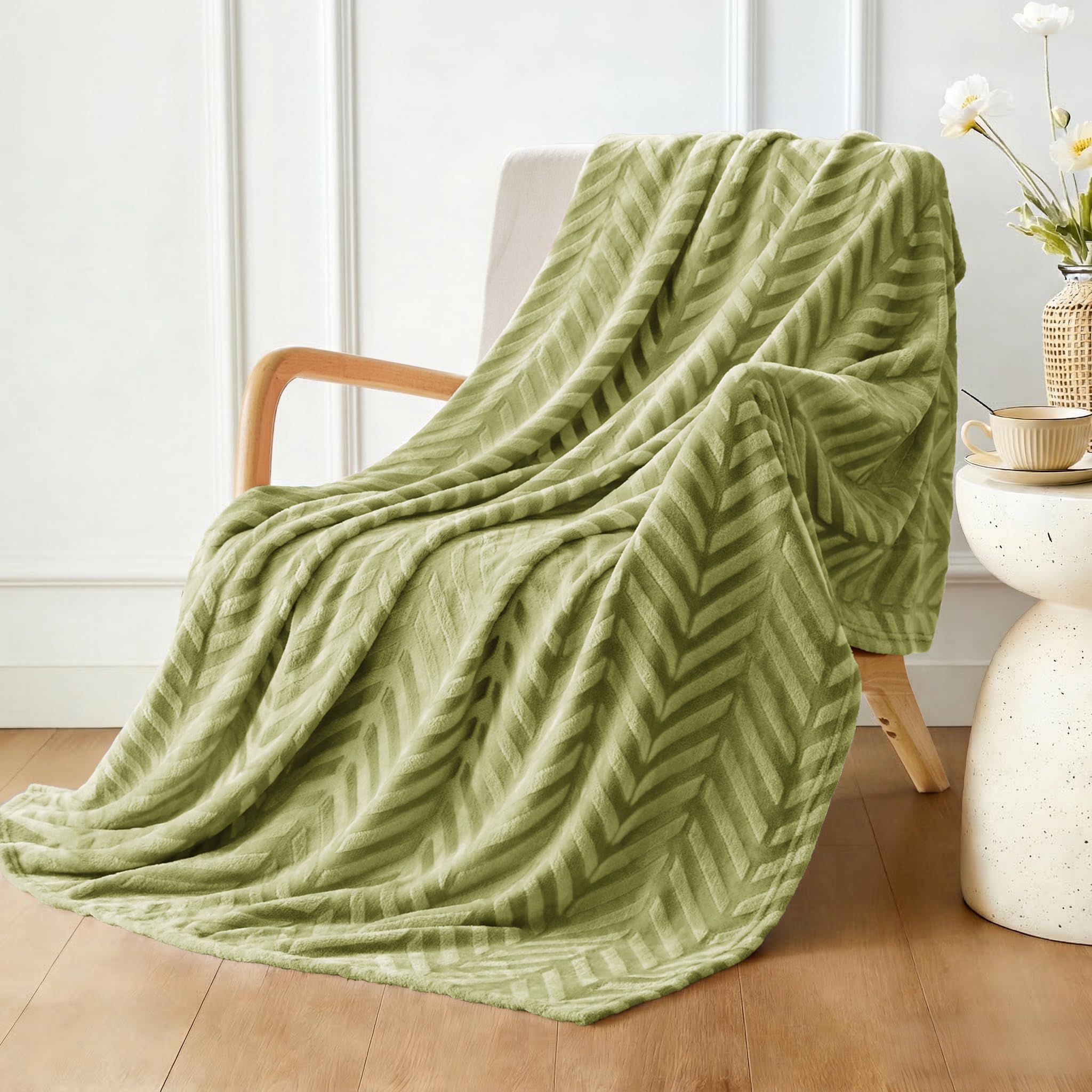 Whale Flotilla Flannel Fleece Throw Blanket for Sofa, 130x150 CM Soft Fluffy Velvet Sofa Blanket with Decorative Chevron Pattern for All Season, Warm and Lightweight, Olive Green — image 1