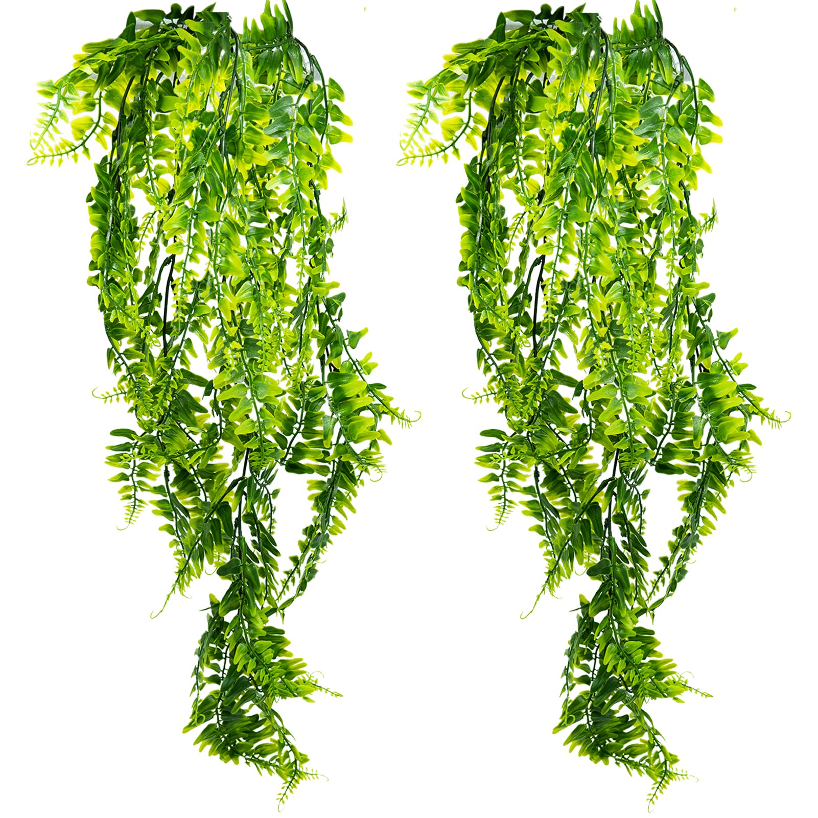 2 Pack Artificial Hanging Plants, Plastic Fake Ferns Ivy Green Leaves Hanging Garland, Fake Vine Hanging Basket, Greenery Faux Trailing Plant for Room Decor, Garden, Indoor Outdoor, Wall Decoration