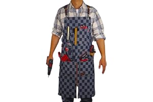 Stenffy Woodworking Apron, Canvas, Multiple Pockets, Adjustable Zipper, Metal Ring, Tape Measure Clip, Plus Size, Checkered