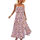 Women Strapless Summer Dress - Boho Chiffon Maxi Beach Side Split Tiered Long Sundresses