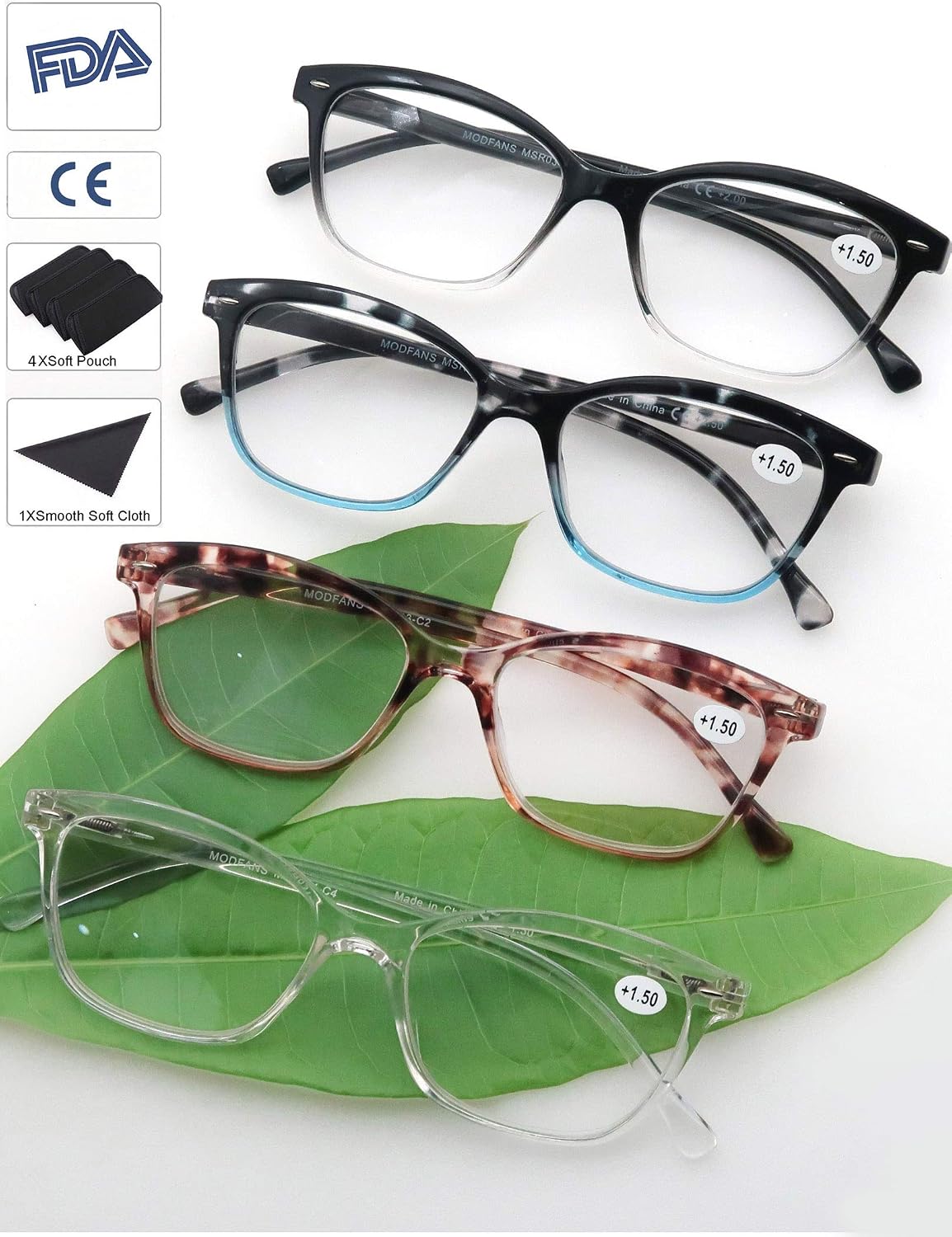 MODFANS Womens Reading Glasses 4-Pack Stylish Ladies Readers,Comfort Spring Hinge,Light Frame Pattern Fashion Design Pouch Included - Image 3