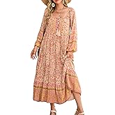 R.Vivimos Boho Maxi Dresses for Women 2026 Floral Print Long Sleeve Casual Button Up Loose Flowy Beach Long Dresses