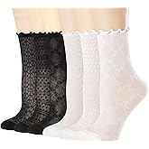 Mcool Mary Women's Ruffle Socks Mesh Casual Lace Cotton Ankle Ultra Thin Frilly Crew Socks for Women 6 Pairs