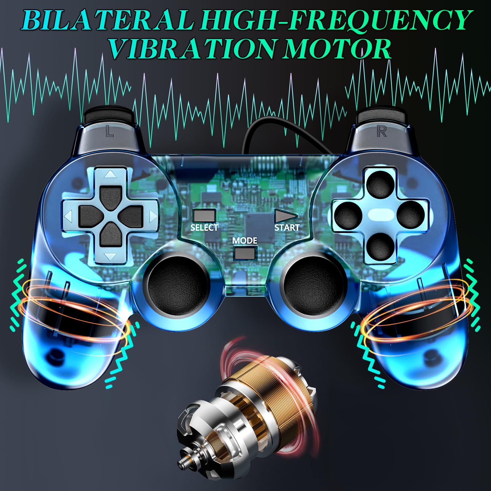 Degulan Wired Controller for PS-2 High Performance Double Shock Gamepad Joystick Remote Compatible with Play 2 (Clear Red and Clear Blue)