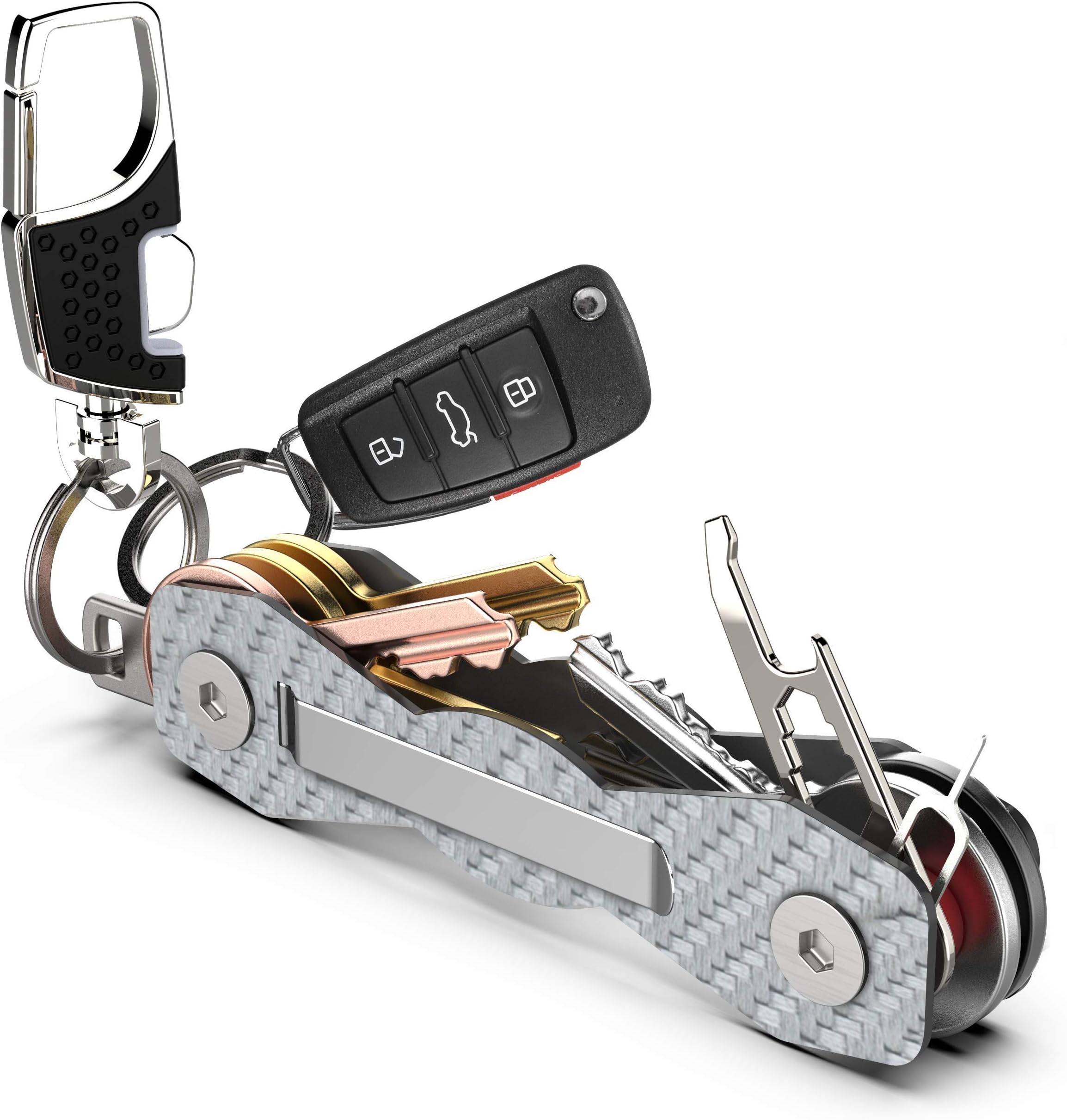 Carbon Fiber Key Organizer - Premium Heavy Duty Compact Key Holder up to 18 Keys - Extra Smart Key Ring, Loop Piece for Belt or Car Keys - Sim & Bottle Opener + Video Instructions