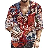 Men's Fashion Shirt Short Sleeve Beach V-Neck Drawstring Printing Yoga African Summer Top