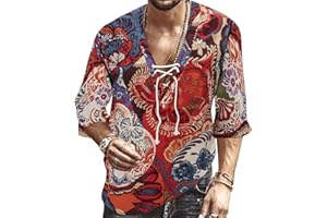 RELA BOTA Men's Fashion Shirt Short Sleeve Beach V-Neck Drawstring Printing Yoga African Summer Top