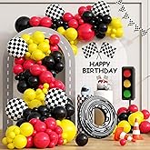 132pcs Race Car Balloon Arch Kit, Party Decorations With Red Black Yellow Balloons, Checkered Wheel Tire Balloons for One Two Fast Birthday Party Decorations