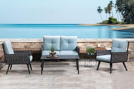 Amazon Com Glitzhome Patio Furniture Sets 4 Pieces Conversation Set Outdoor Sofa Chair Set With Glass Coffee Table Style 1 Garden Outdoor