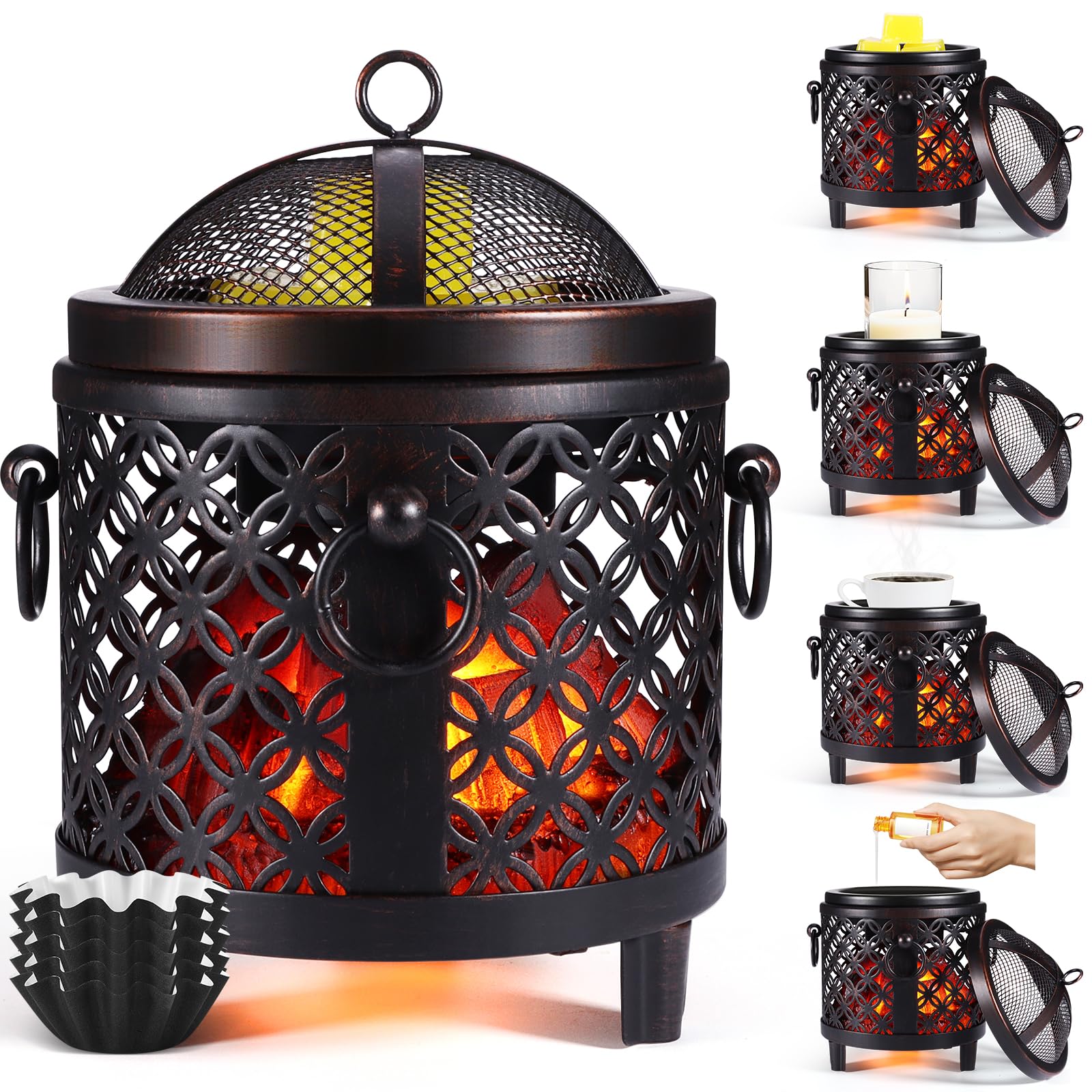 Wax Melt Burners Electric, 4-in-1 Electric Flame Fireplace Wax Oil Burner Electric Wax Melt Warmer Candle Wax Warmer Burner Melter Fragrance Warmer for Scented Wax Cubes/Wax Tarts/Fragrance Oils
