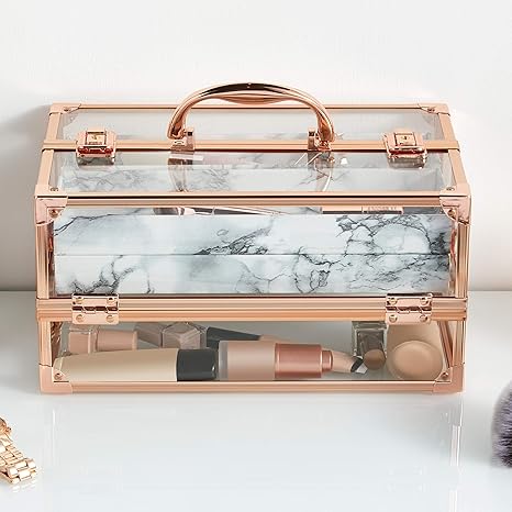 Beautify Große Kosmetikkoffer Professionelle verschließbare Acryl Beauty Case Make Up-Aufbewahrungsbox mit Roségold-Rahmen & 