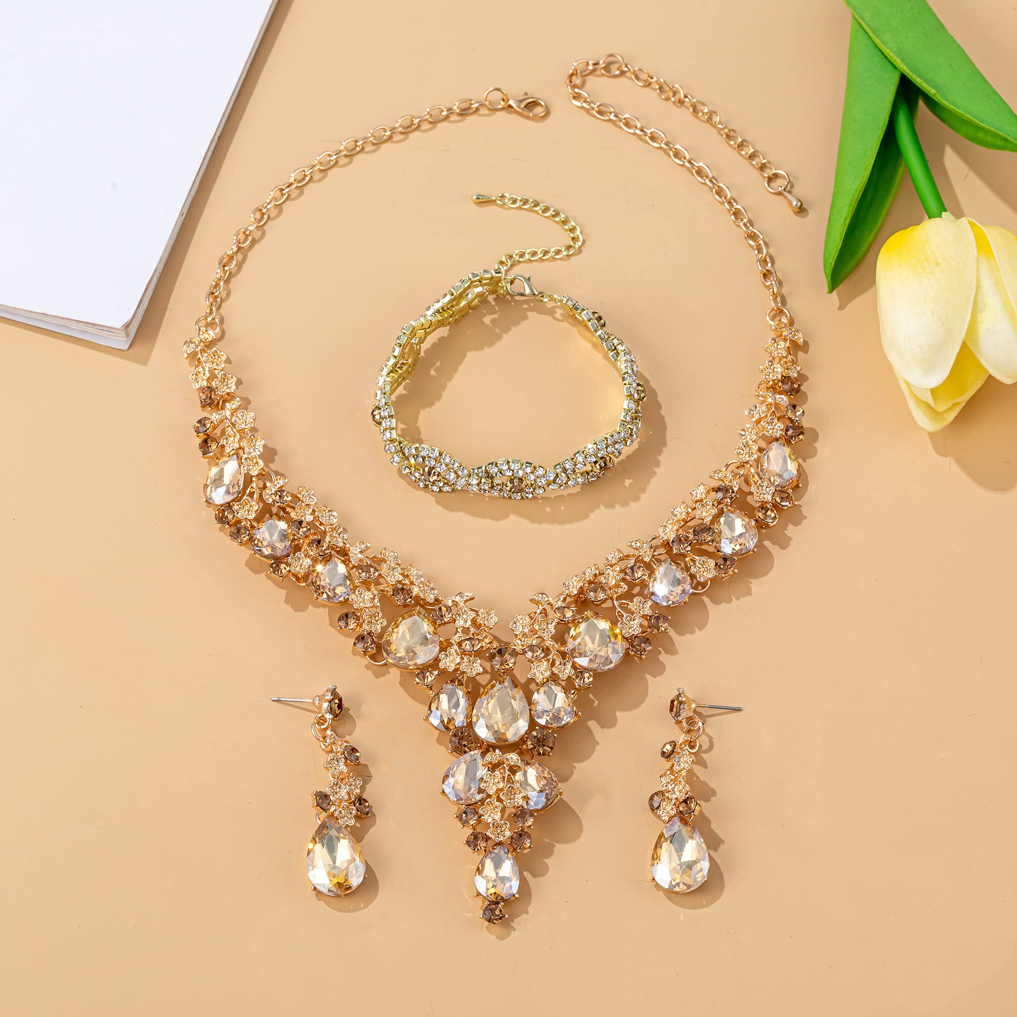 Wedding Bridal Bridesmaid Austrian Crystal Rhinestone Jewelry Sets Statement Choker Necklace Earrings Bracelets Sets for Wedding Party Prom