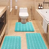 ACCUMTEK Striped Teal Green Bathroom Rug Set 3 Pieces Ultra Soft, Non Slip Chenille Toilet Mat, Absorbent Plush Shaggy Bath Mats for Bathroom, Bedroom, Kitchen, Turquoise