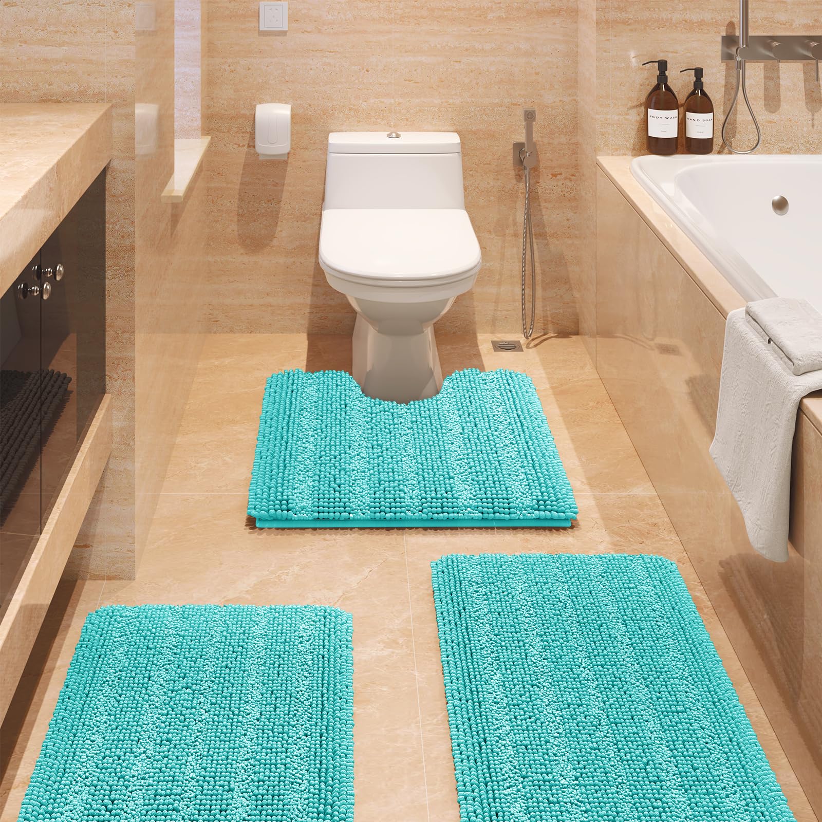 ACCUMTEK Striped Teal Green Bathroom Rug Set 3 Pieces Ultra Soft, Non Slip Chenille Toilet Mat, Absorbent Plush Shaggy Bath Mats for Bathroom, Bedroom, Kitchen, Turquoise