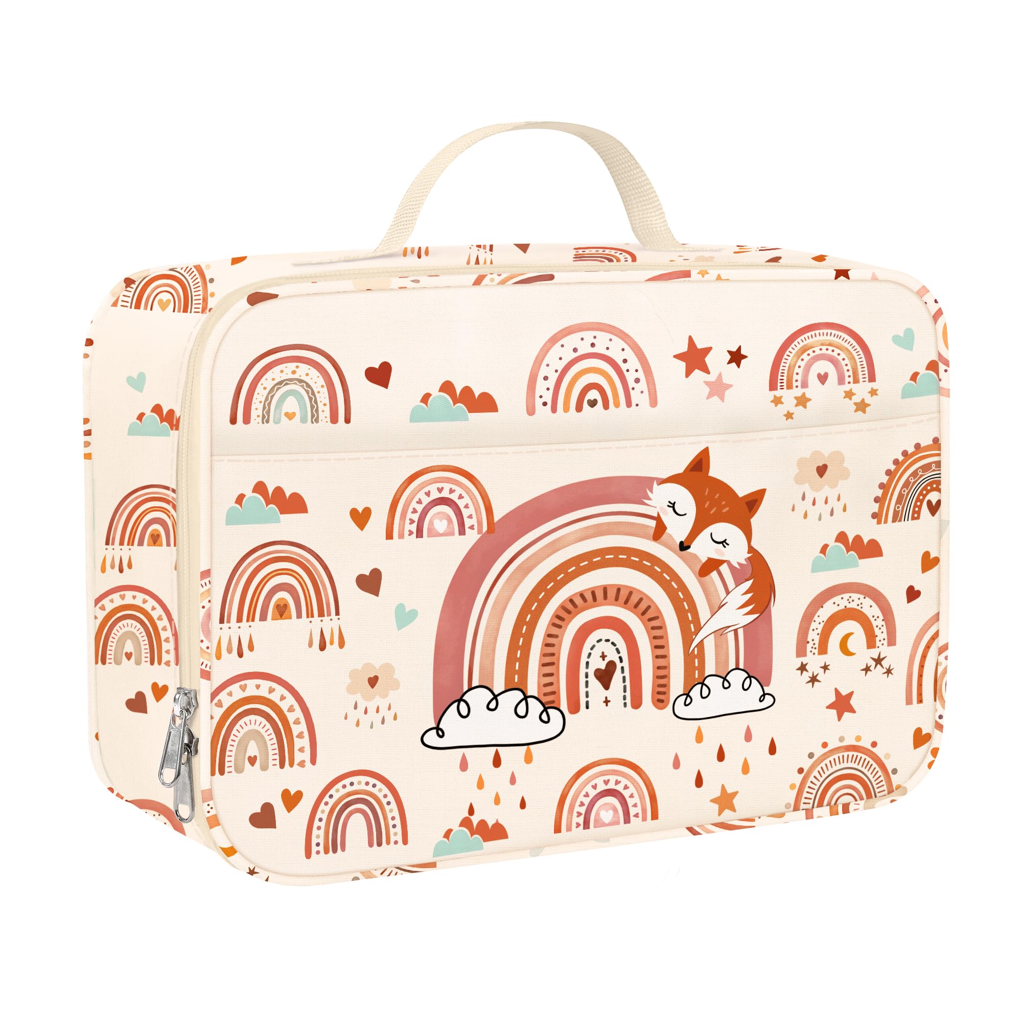 Clastyle Pink Rainbow Animals Kids Lunch Bag Large Thermal Cooler Bag for Girl Picnic School Toddler Lunch Box Tote, Fox