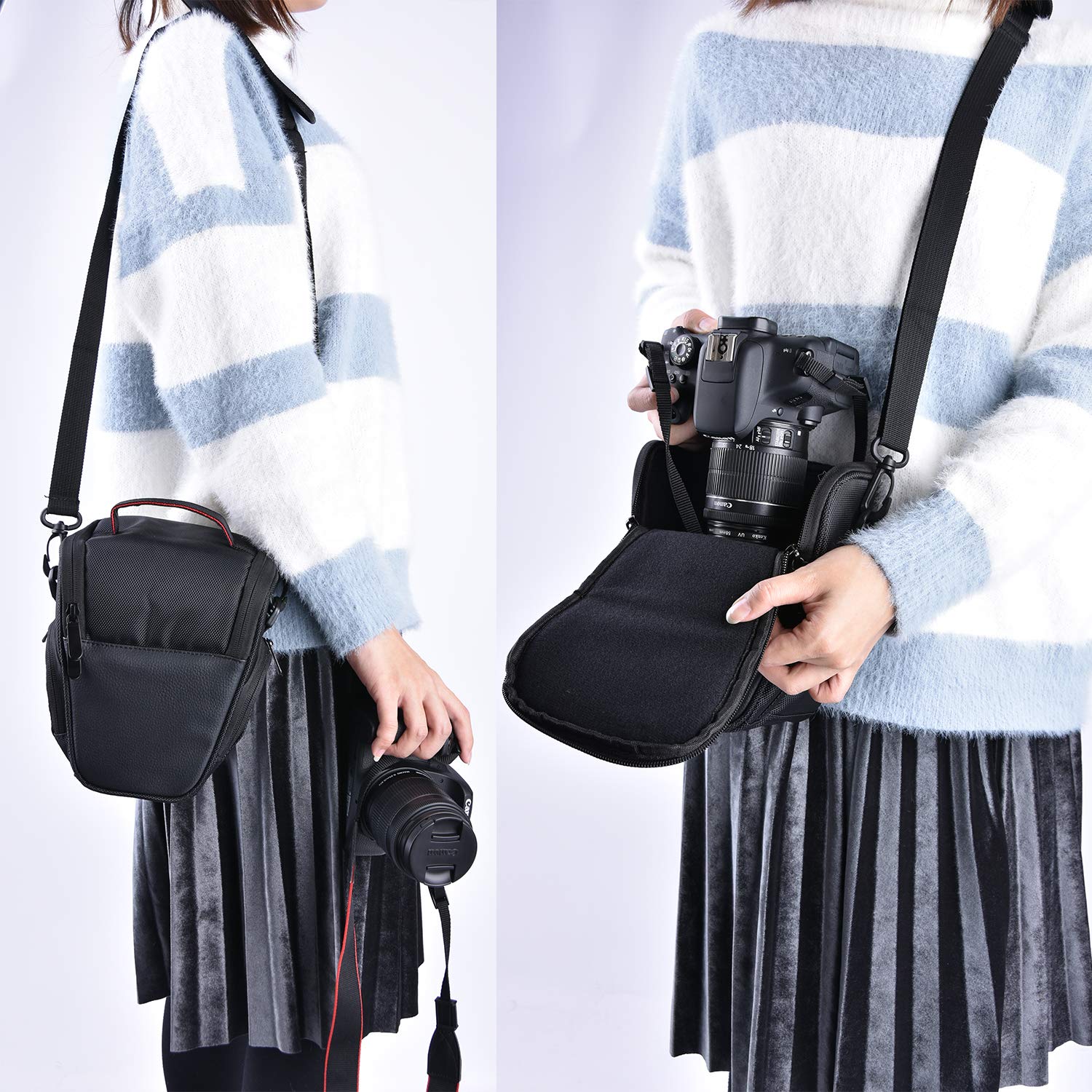 FOSOTO DSLR Camera Case Nylon Holster Bag Compatible for Nikon D3300 D3400 D3500 D5300 D5600 B700,Canon EOS Rebel XT XTi T6 T5i T3i SL2 1300D,Pentax,Sony Olympus and More - Black