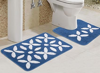 Saral Home Soft Cotton Bathmat Set with Contour (Blue, 60x40cm) - Pack of 2