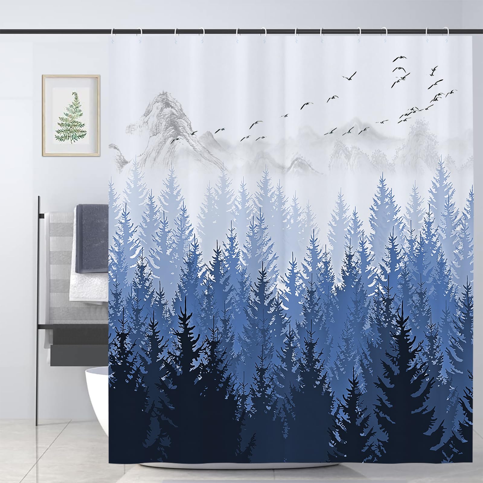 JOOCAR Winter Forest Shower Curtain Blue Pine Nature Shower Curtains Watercolor Bathroom Decor Polyester Fabric Waterproof Shower Curtain Set with 12 Hooks, 180x180cm