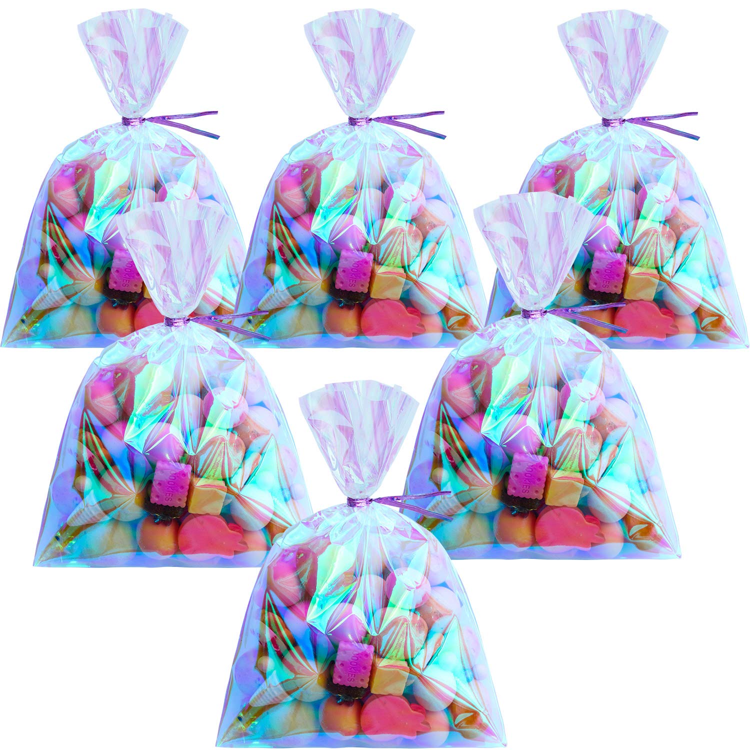 120 Pieces Iridescent Cellophane Bag Cellophane Treat Bags Iridescent Party Favor Bag Holographic Cellophane Bag with 200 Pieces Twist Ties for Party Wedding Birthday (5 x 7 Inch)