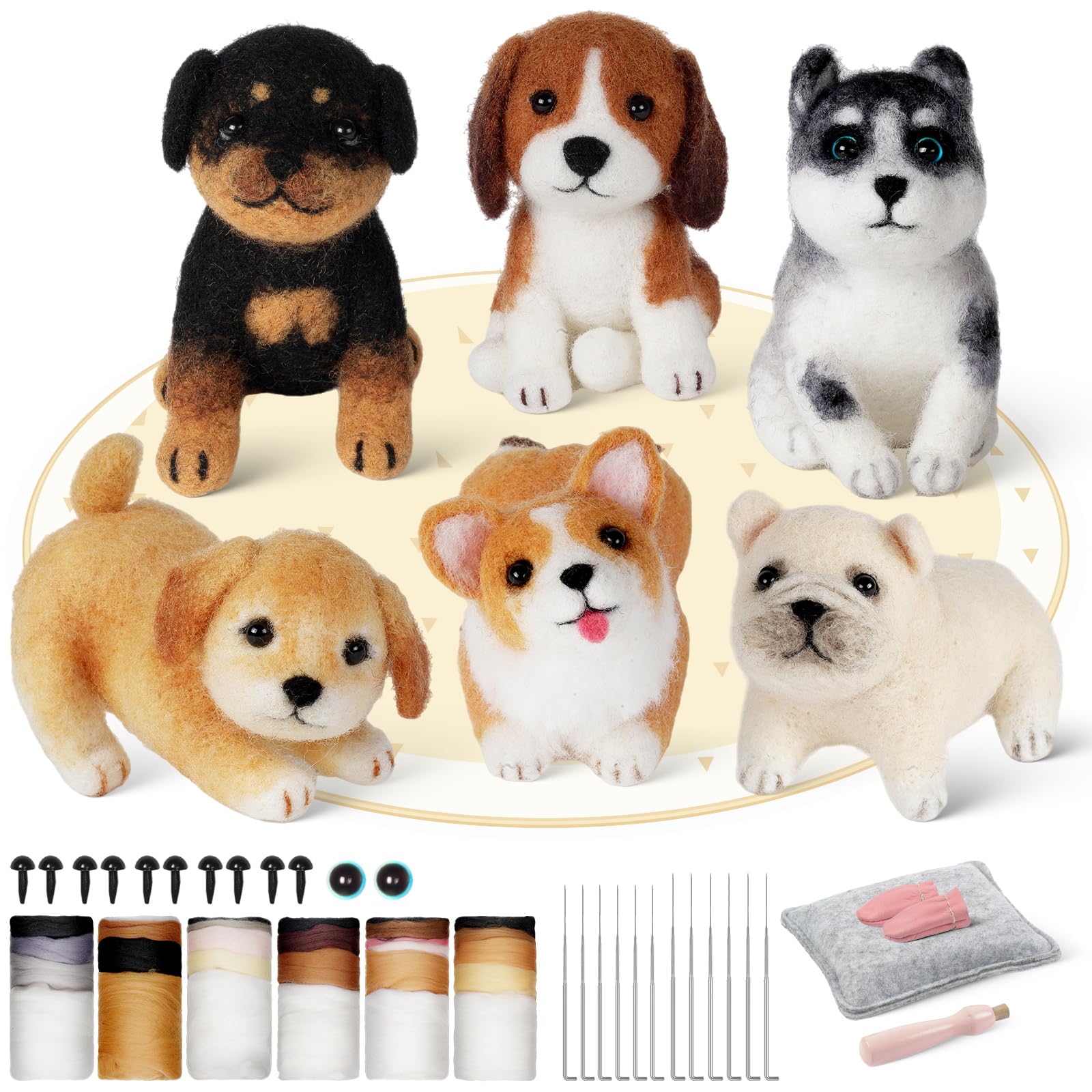 iptek Needle Felting Kit, 6 PCS Animal Needle Felting Beginner Kits, Craft Kits for Adults UK,Wool Felt Needle Felting Tools Foam Pad, Craft Party Supplies for Beginners Adult(The Dog Family)