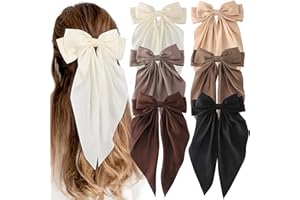 UNBEDNIGT 6 PCS Hair Bows for Women, Big Bow Hair Clips for Girls, Silky Satin Hair Bows Clips Oversized Long Tail, Large Hair Barrettes Cute Aesthetic Hair Accessories, Metal Bow Hair Clips Neutral Color