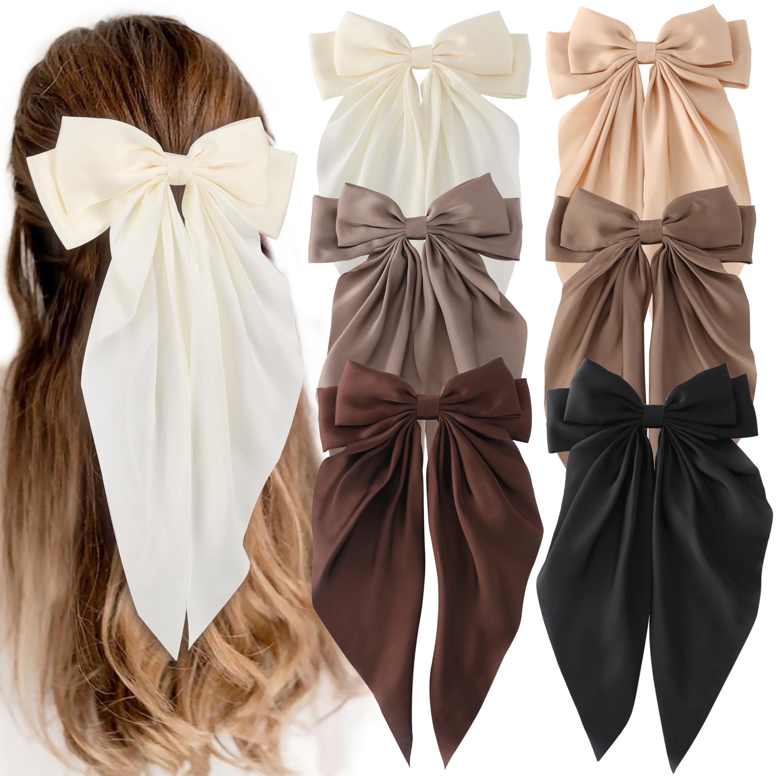 Photo 1 of 6 PCS Hair Bows for Women, Big Bow Hair Clips for Girls, Silky Satin Hair Bows Clips Oversized Long Tail, Large Hair Barrettes Cute Aesthetic Hair Accessories, Metal Bow Hair Clips Neutral Color