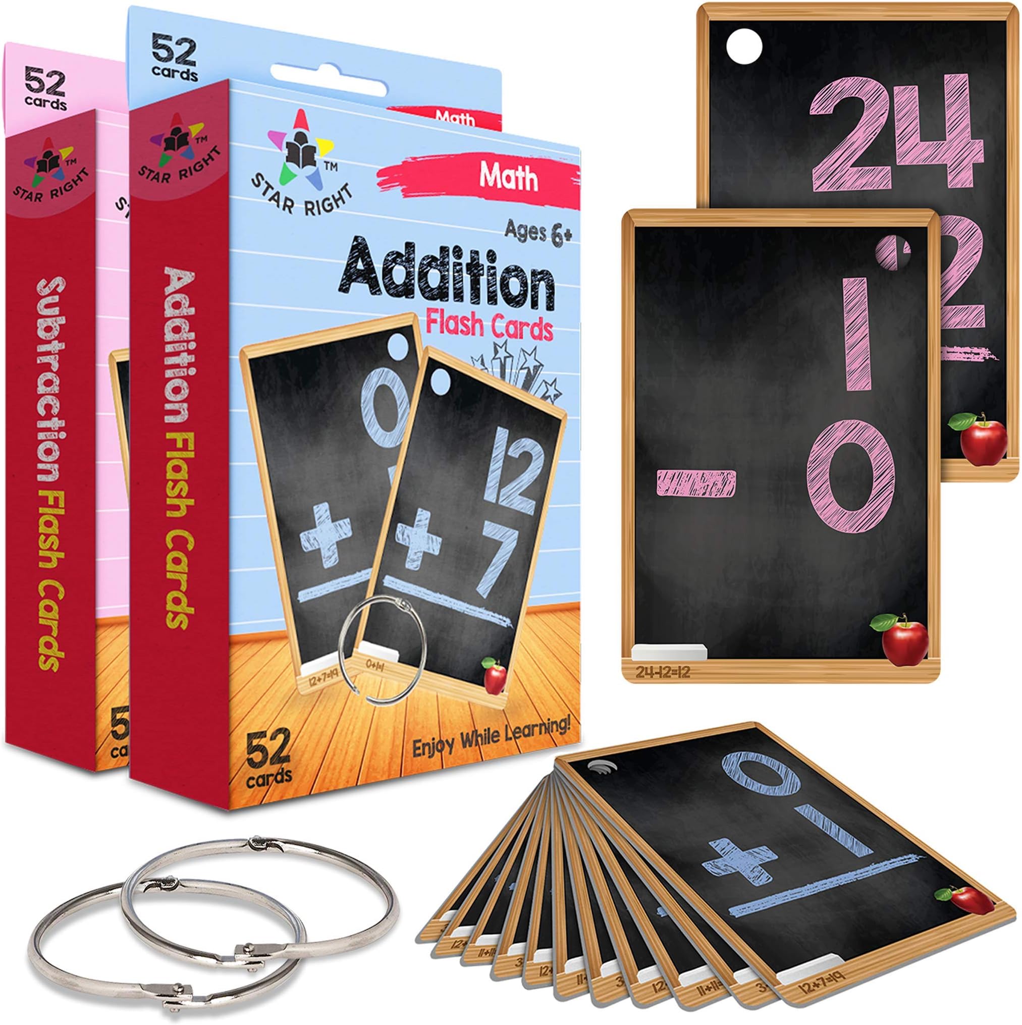 Star Right Multi Math Flashcards Pack - Addition & Subtraction - 1 Ring and 52 Hole Punched Cards Per Set - 104 Cards Total