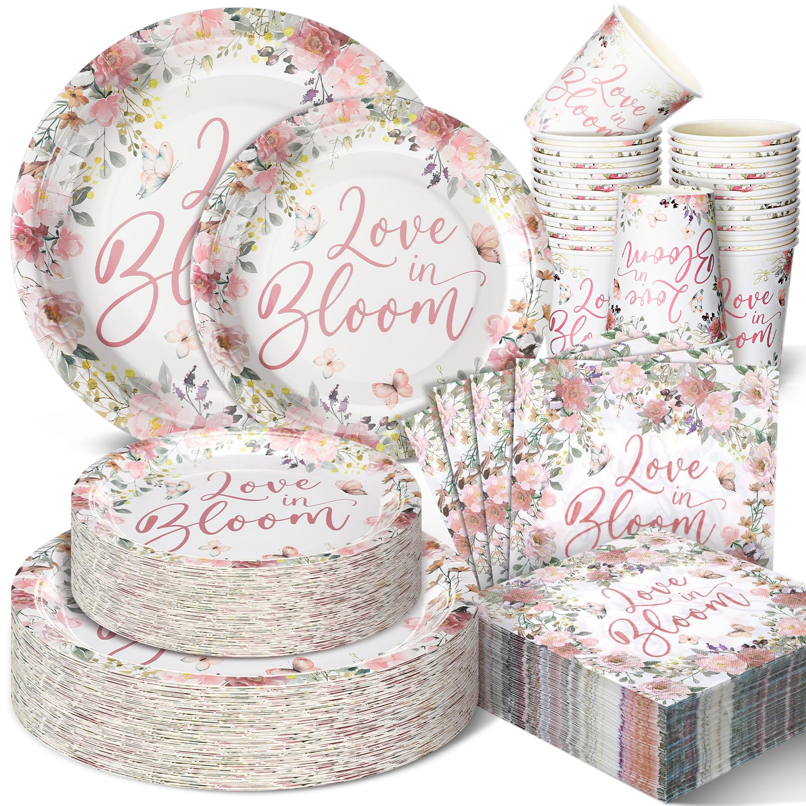 Photo 1 of (FOR PARTS)Zhehao 250 Pcs Love in Bloom Bridal Shower Plates Napkins Sets 50 Pcs 9'' Dinner Plates and 7'' Dessert Plate and 9oz Cups 100 Napkins Serves 50 Party Supplies Bridal Shower Engagement Decoration