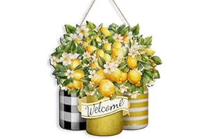 PIGORT Lemon Door Sign Summer Welcome Wooden Sign Hanging Lemon Decorations Door Hanger Rustic Lemon Sign Plaque with Rope for Home Farmhouse Door Wall Indoor Outdoor 12“x11.4"