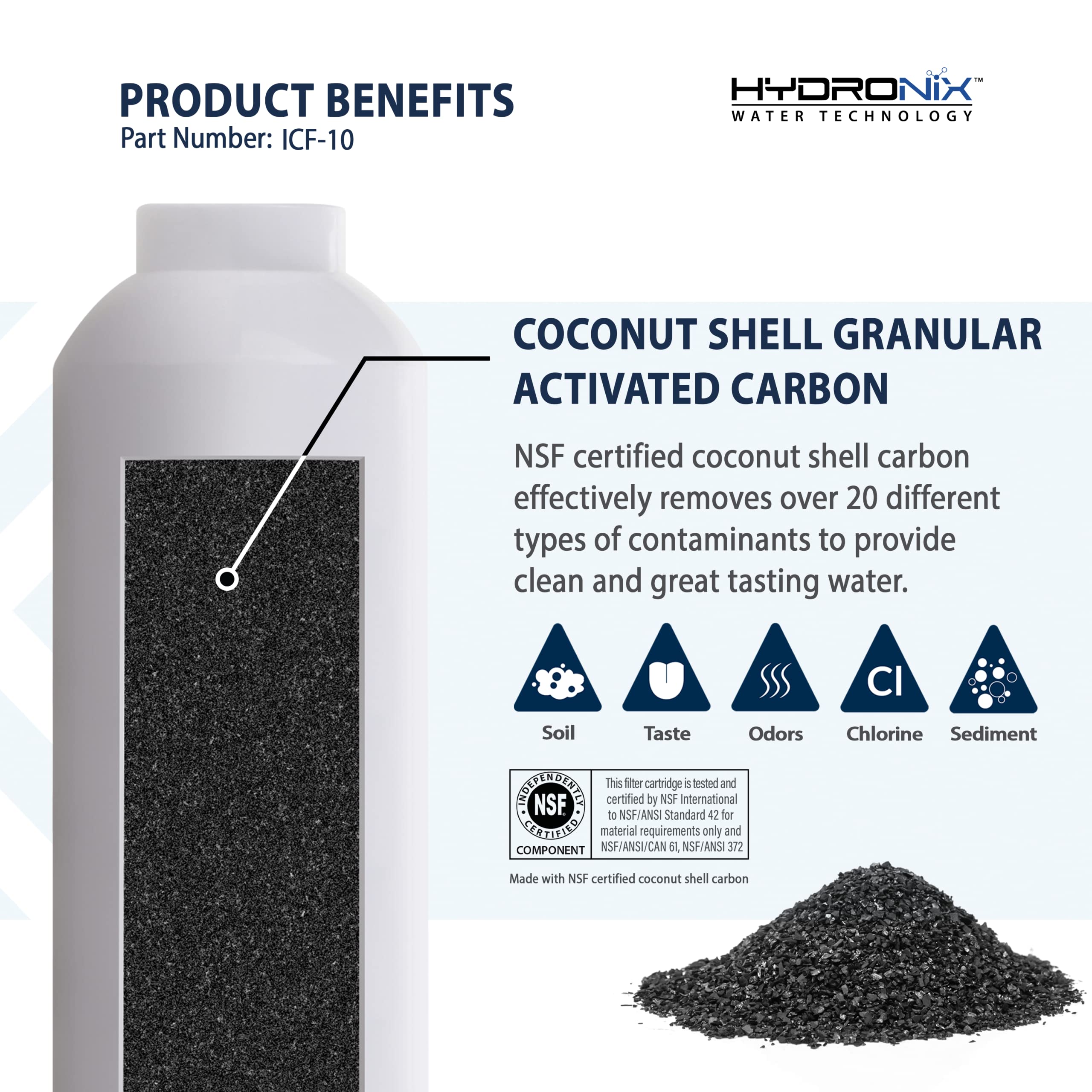 Hydronix ICF-10 RO Reverse Osmosis Post Polishing, Fridge and Ice Inline Coconut GAC Water Filter, 2000 Gal, 1/4