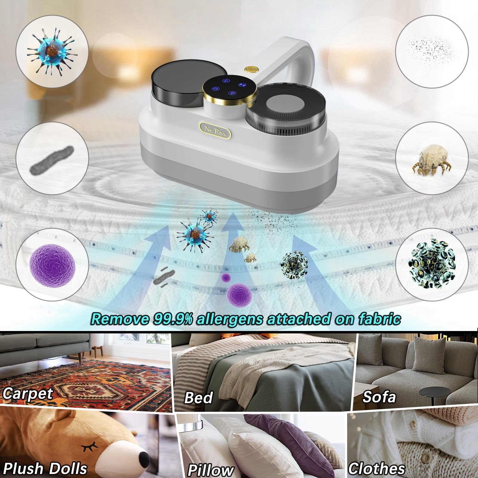 Mattress Vacuum Cleaner Bed Vacuum with 253.7nm UV-C Light, 14Kpa Suciton & Ultrasonic & Two Tapping Pads, Powerful Anti-Allergen Vacuum Cleaner for Deep Cleaning, Corded, NR004