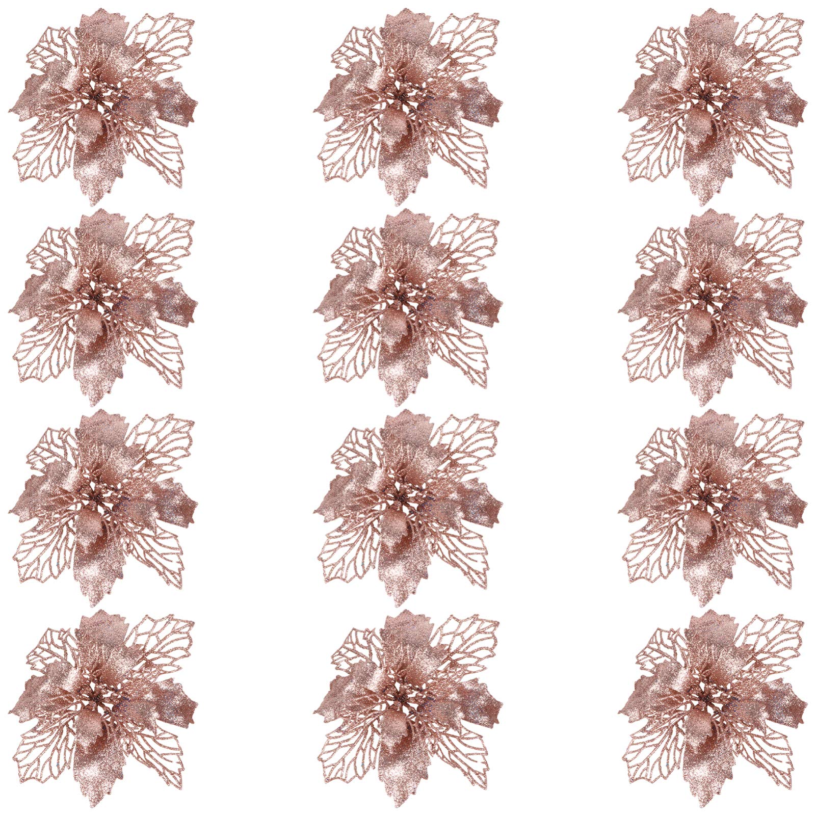 Toddmomy 12 Pieces Christmas Glitter Poinsettia Flowers, Christmas Tree Ornaments Artificial Flowers for Christmas Wreath Decoraiton (Rose gold)