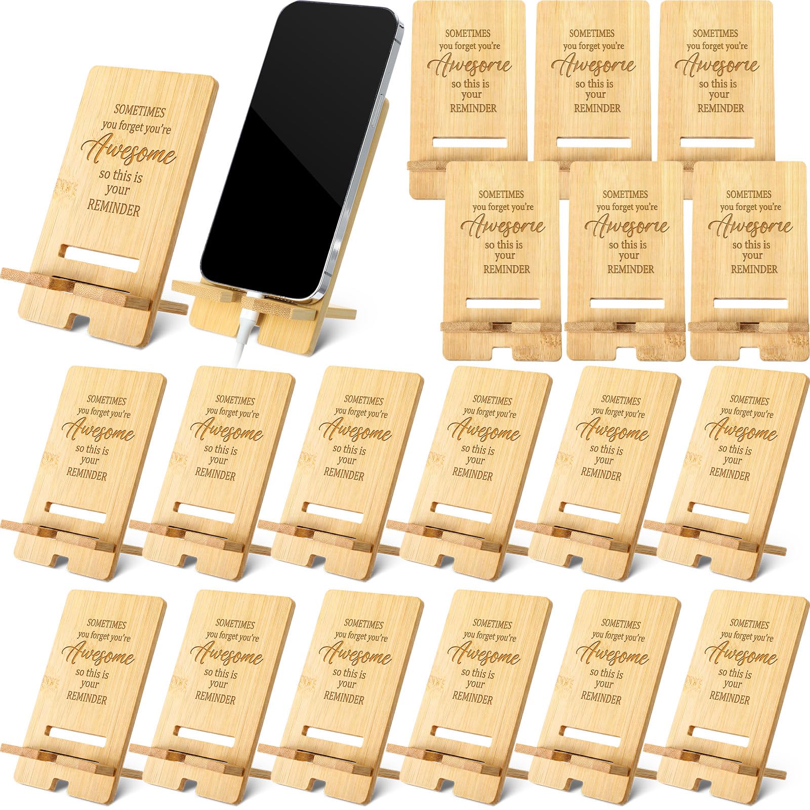 Ripeng 12 Pcs Employee Appreciation Gifts Bulk Bamboo Phone Stand for Desk Office Worker Thank You Gift for Administrative Team Coworkers Staff Graduation Nurse Teacher Week (Awesome Reminder)
