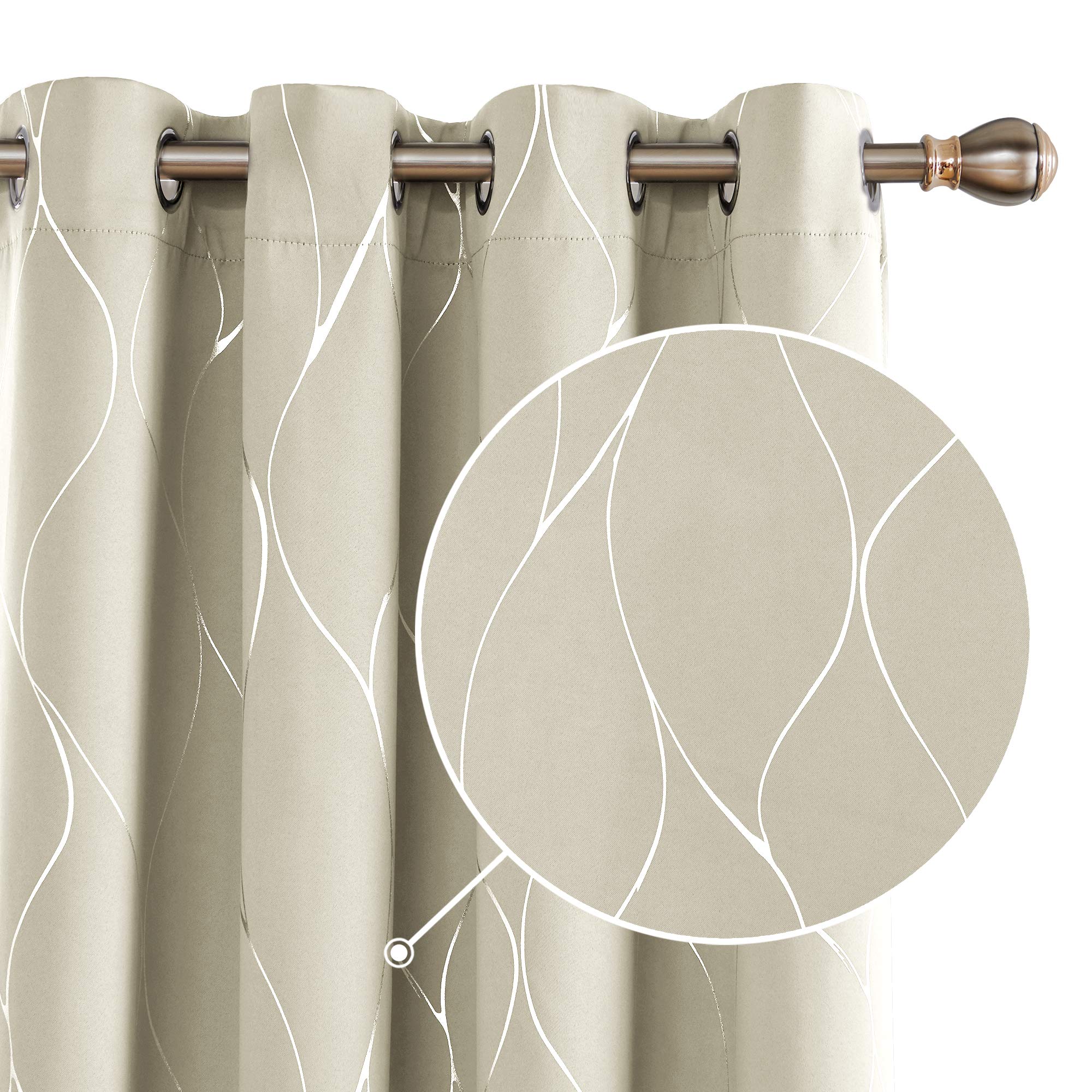 Deconovo Eyelet Blackout Curtains Silver Wave Line Foil Printed Curtains Energy Saving Curtains for Girls Bedroom Light Beige W55 x L95 One Pair
