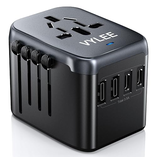 VYLEE Universal International Power Travel Plug Adapter, 5 in 1 European Travel Plug Adapter W/ 3.5A 2xUSB-A and 2xUSB C Wall Charger and Worldwide AC Outlet for Europe USA UK AUS Asia (Black Grey)