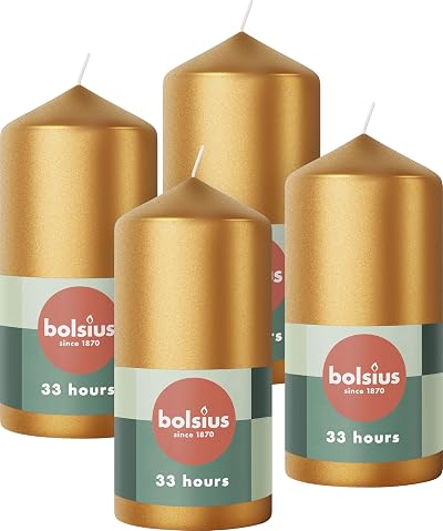 Bolsius Pillar Candles Metallic Gold 4-Pack 12 x 6 cm Unscented