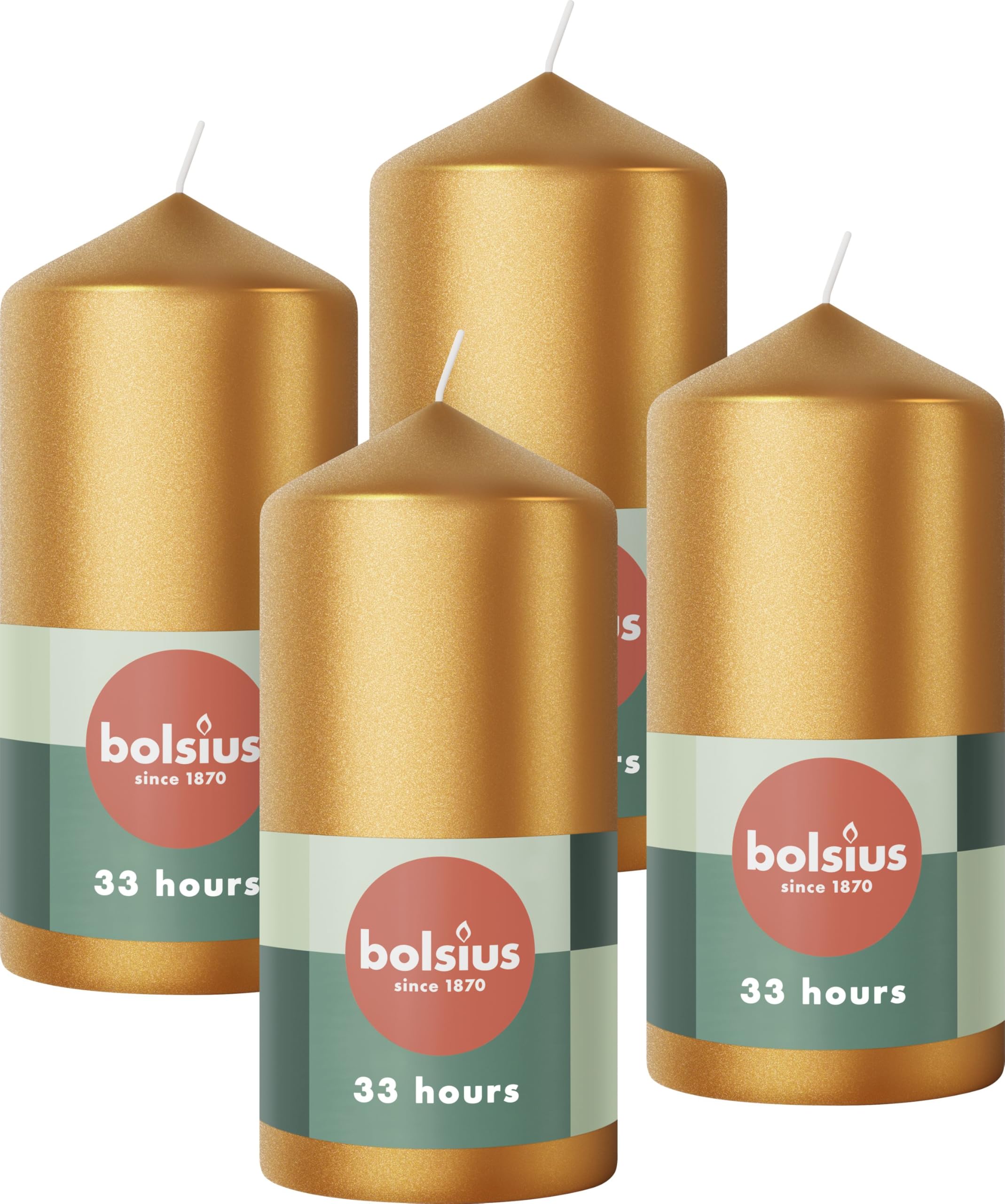 Bolsius Pillar Candles - Metallic Gold - 4-Pack - 12 x 6 cm - Long Burning Time of 33 Hours - Unscented - Includes Natural Vegan Wax - Without Palm Oil