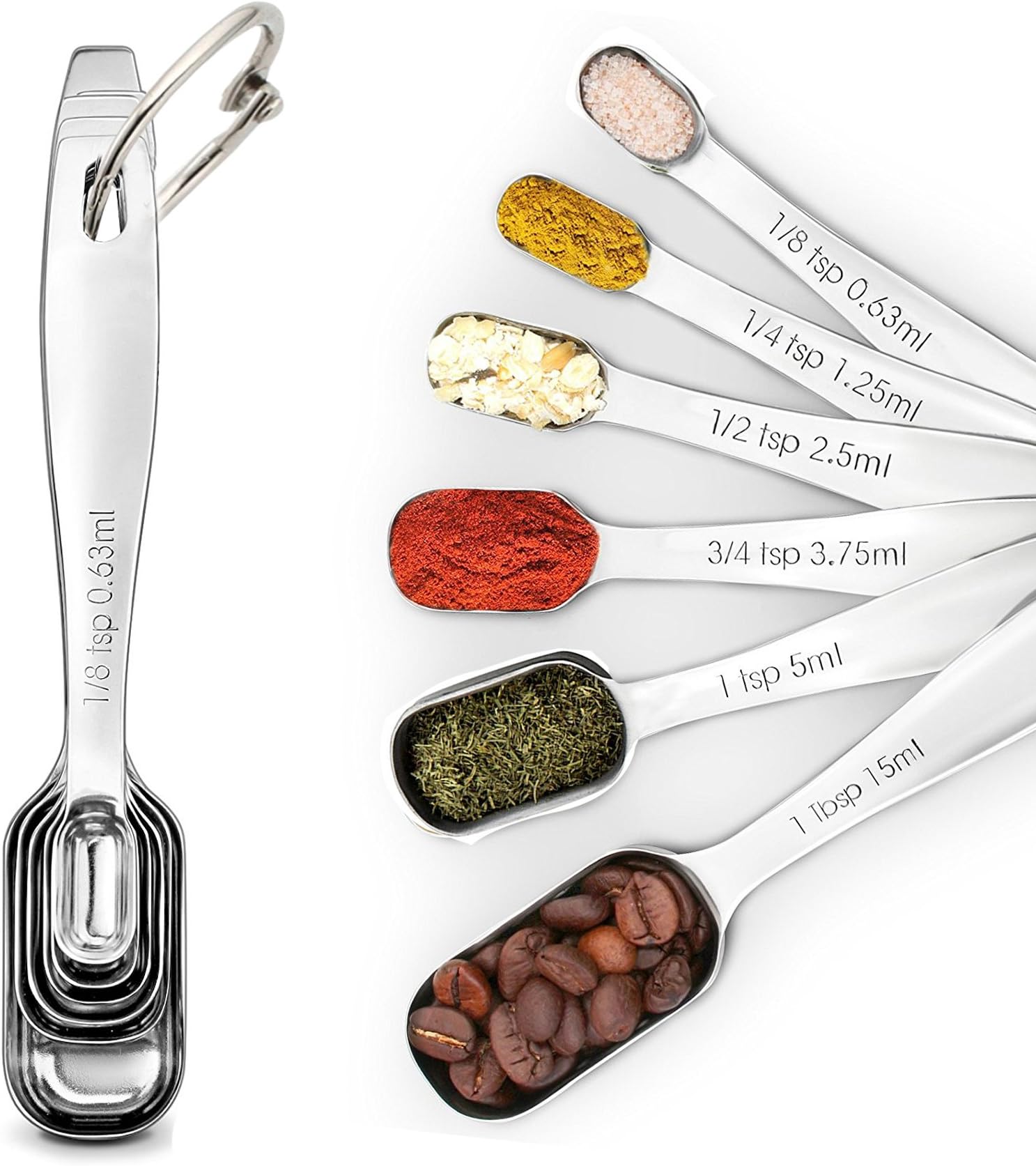 SUNKUKA 6-Piece Stainless Steel Measuring Spoon Set for Dry and Liquid with Narrow Shape, Easy to fit in Spice Jars