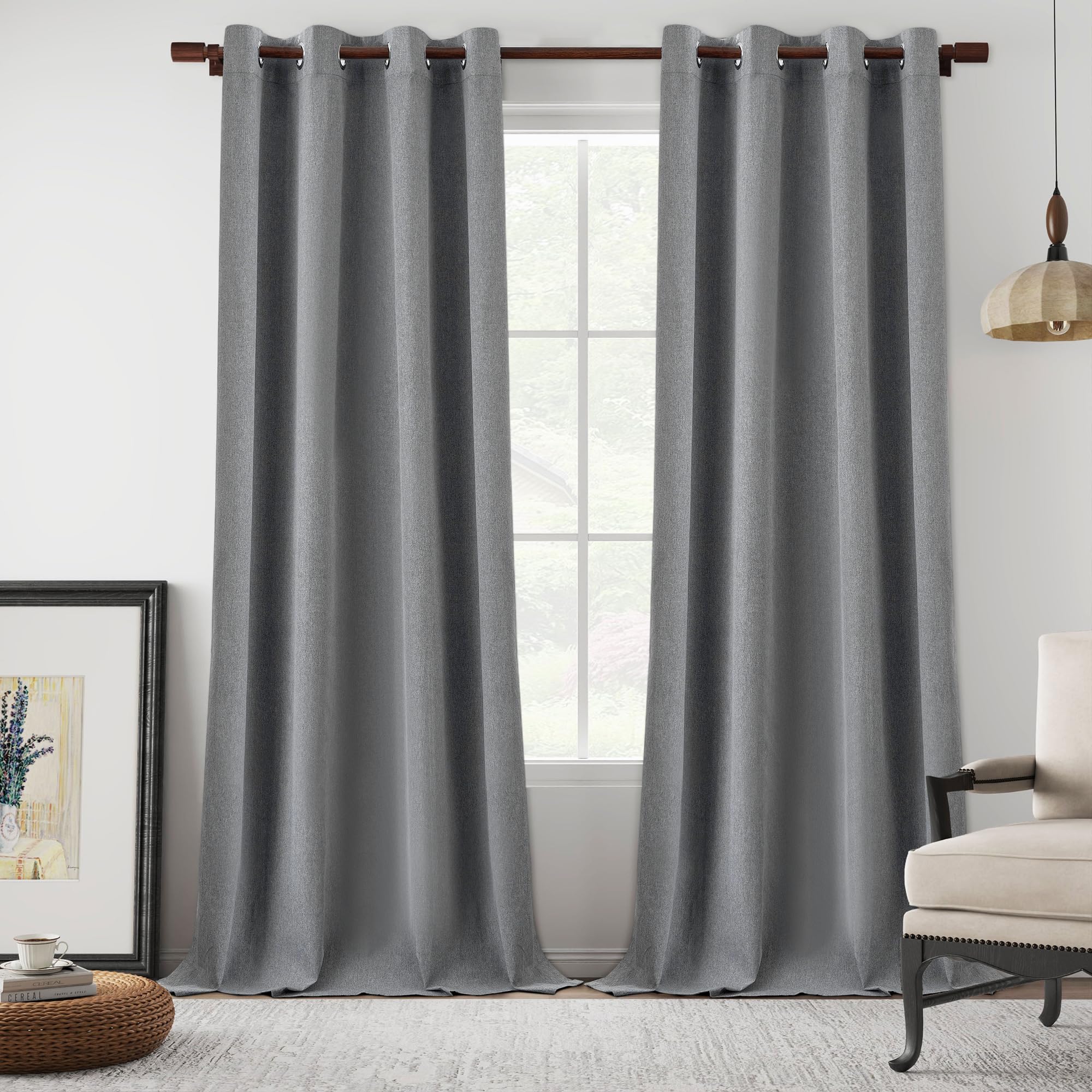 Photo 1 of 144 Inch Length Full Blackout Extra Long Linen Curtains 12ft Length Drapes, 100% Blackout Noise Reducing High Ceiling 2 Story Tall Curtains for Living Room, Grey, W52 x L144, 2 Panels